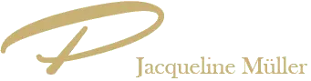 Stilisiertes goldenes „J“ mit der Aufschrift „Jacqueline Müller“ in goldener Serifenschrift auf transparentem Hintergrund.